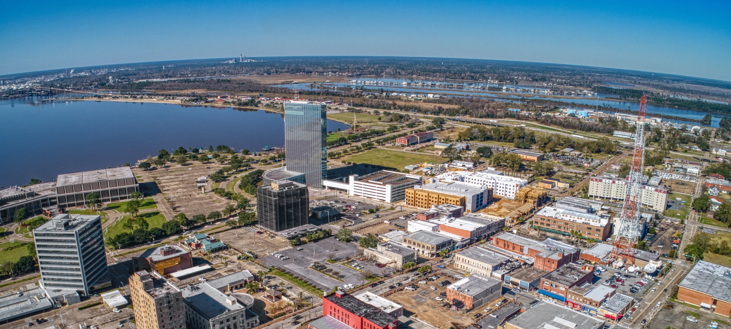Aerial view over Lake Charles, a waterfront city in Louisiana