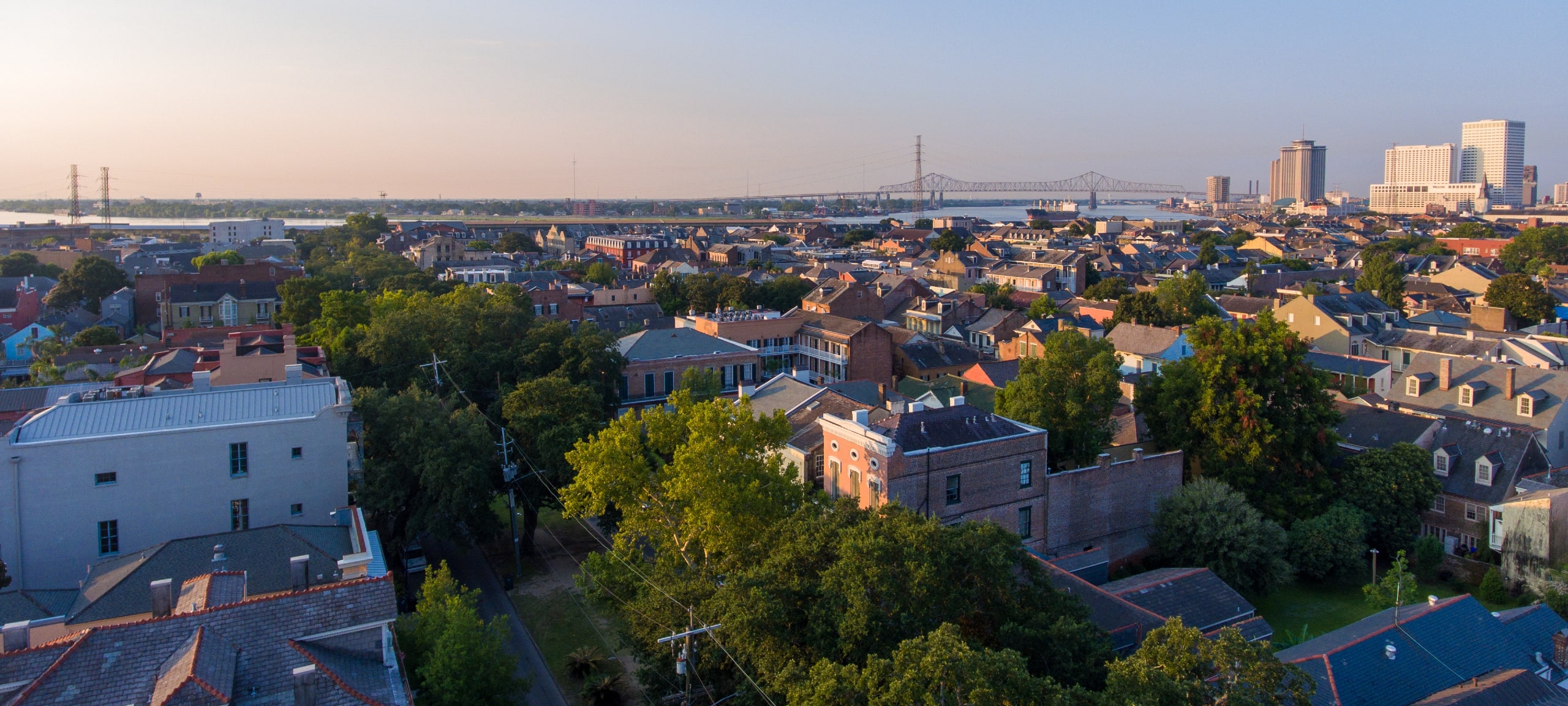 Aerial view of downtown New Orleans, LA at sunset